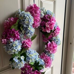 Floral 18 inch Wreath with Pink and Blue Hydrangeas Front Door or indoor Decor